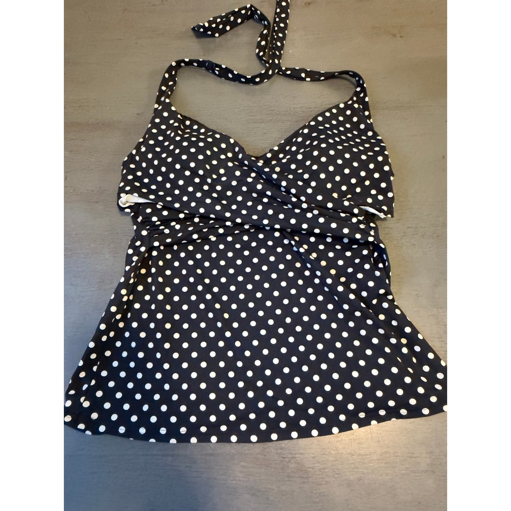 Lands End Black White Polka Dot Halter Tankini Swim Top 12 Surplice Ruching